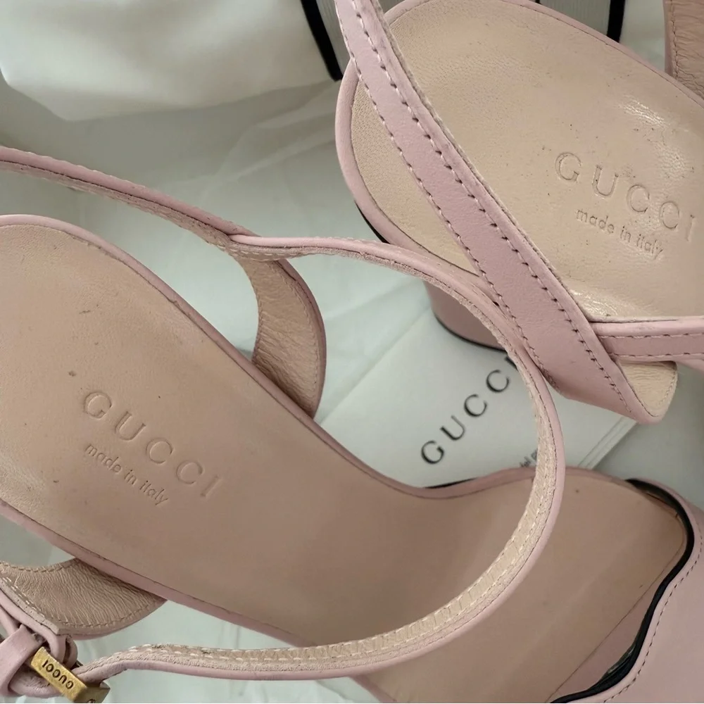 Gucci Pink Block Heel Sandals with Gold GG Logo - Picture 6 of 11